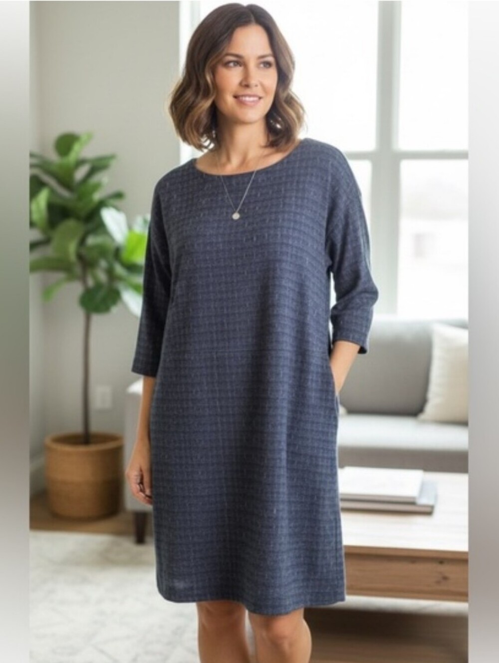 Eileen Fisher Organic Cotton Shizuki Navy Blue Jacquard Above Knee Dress Large
